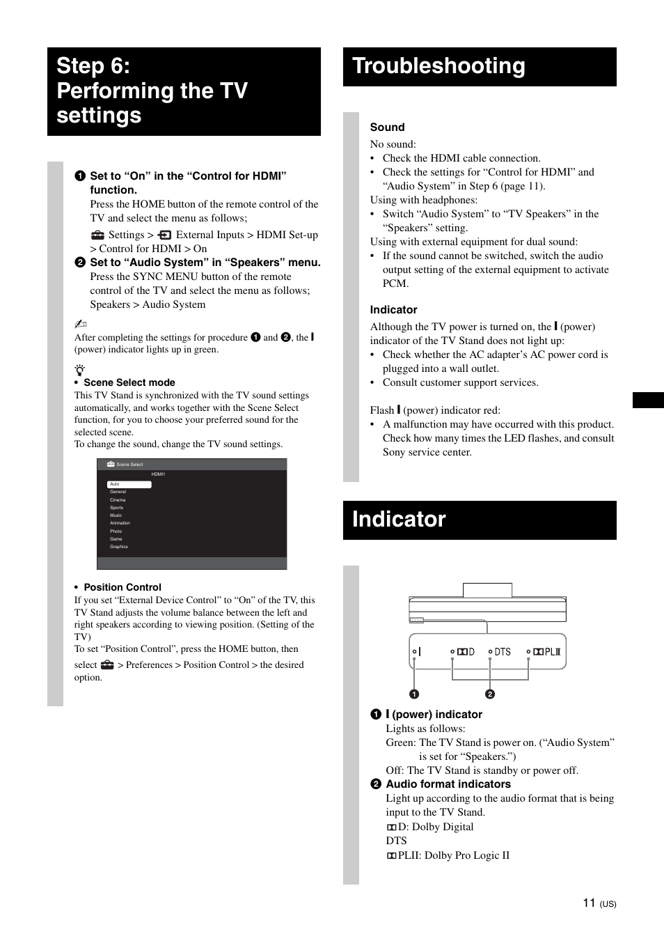 Step 6: performing the tv settings, Troubleshooting, Indicator | Sony SU-B401S User Manual | Page 11 / 60