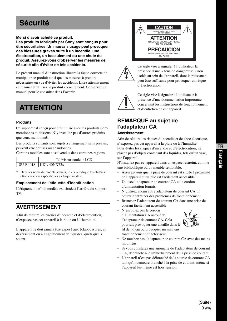 Sécurité, Attention, Sécurité attention | Avertissement, Remarque au sujet de l’adaptateur ca, Precaucion, Fr français | Sony SU-B401S User Manual | Page 15 / 60