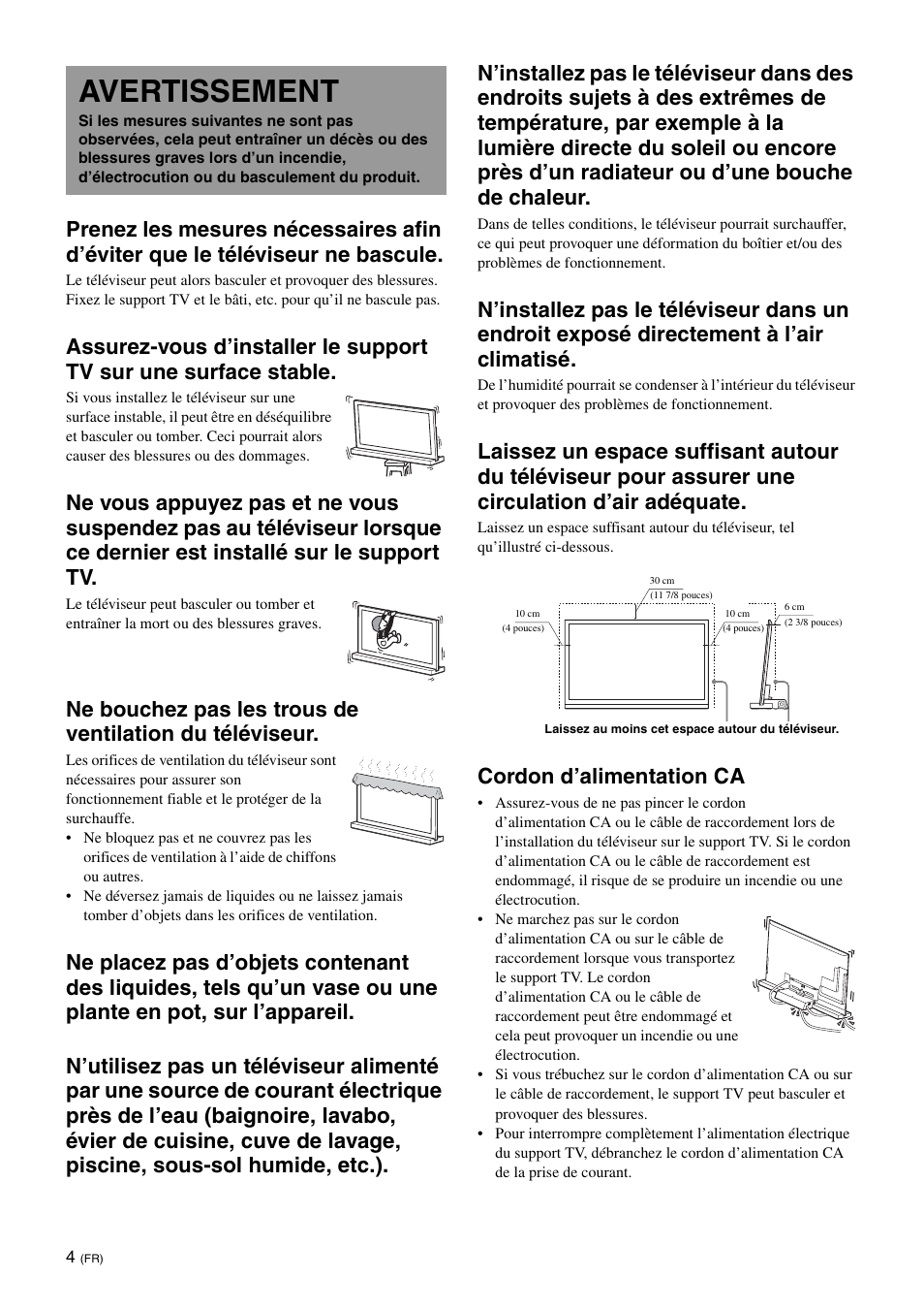 Avertissement, Cordon d’alimentation ca | Sony SU-B401S User Manual | Page 16 / 60