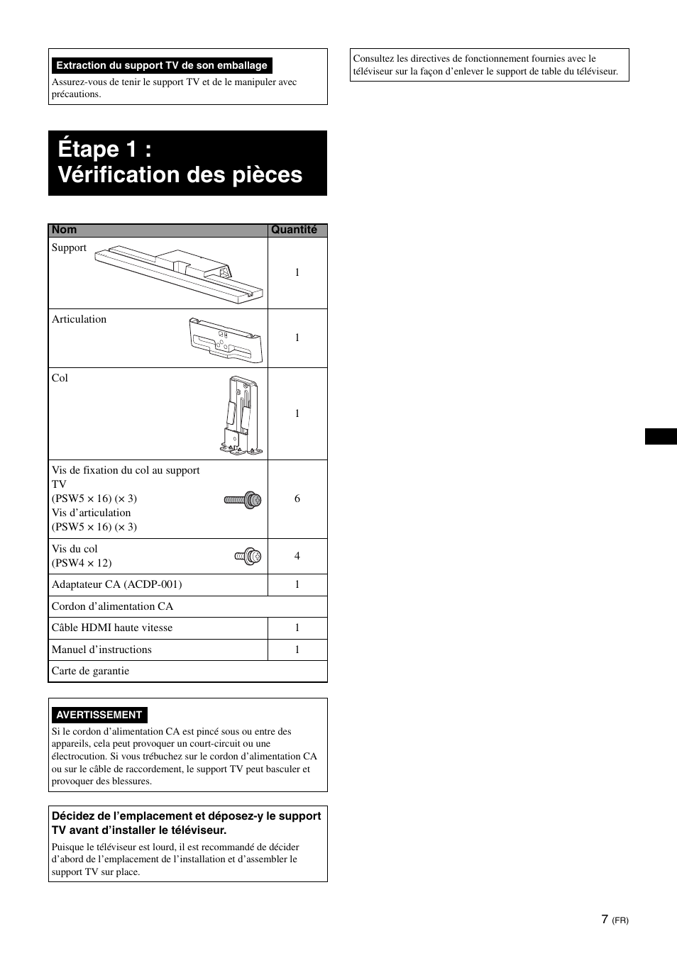 Étape 1 : vérification des pièces | Sony SU-B401S User Manual | Page 19 / 60