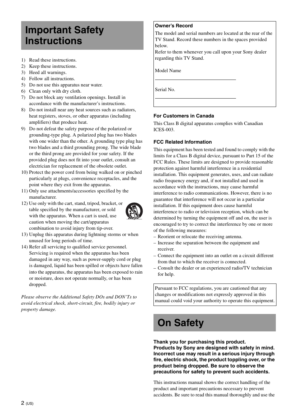 Important safety instructions, On safety | Sony SU-B401S User Manual | Page 2 / 60