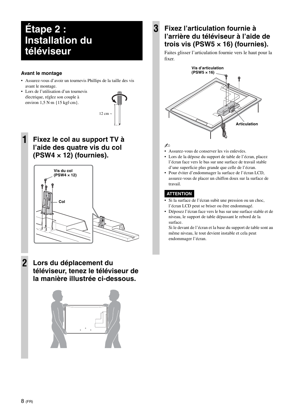 Étape 2 : installation du téléviseur, Étape 2 : installation du téléviseur 1 | Sony SU-B401S User Manual | Page 20 / 60