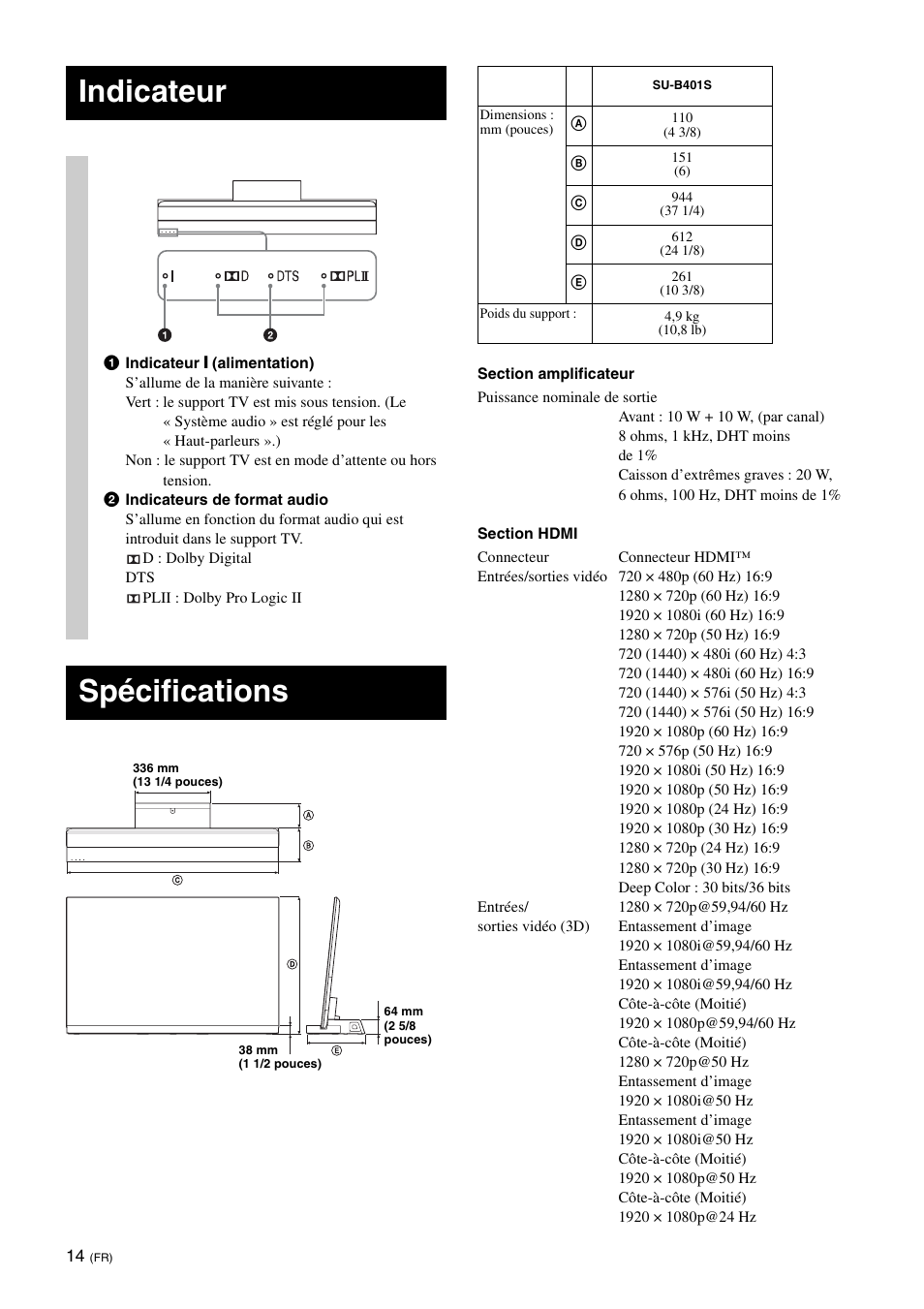 Indicateur, Spécifications | Sony SU-B401S User Manual | Page 26 / 60