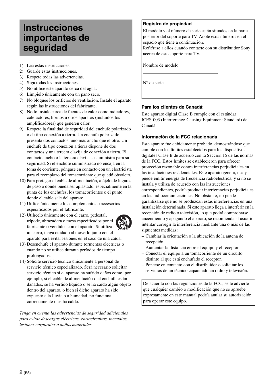 Instrucciones importantes de seguridad | Sony SU-B401S User Manual | Page 28 / 60