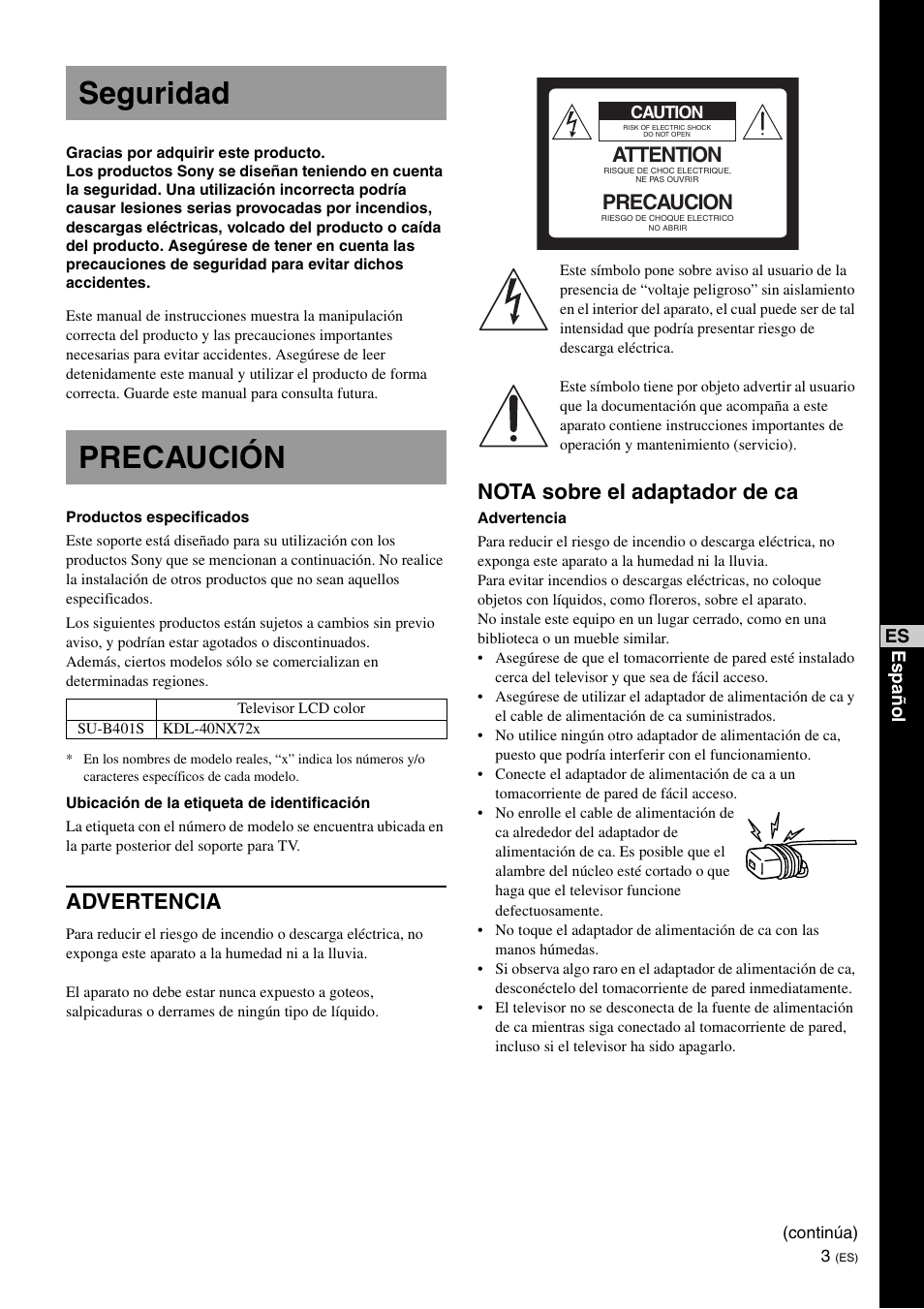 Seguridad, Precaución, Seguridad precaución | Advertencia, Nota sobre el adaptador de ca, Attention, Precaucion, Es esp a ñol | Sony SU-B401S User Manual | Page 29 / 60