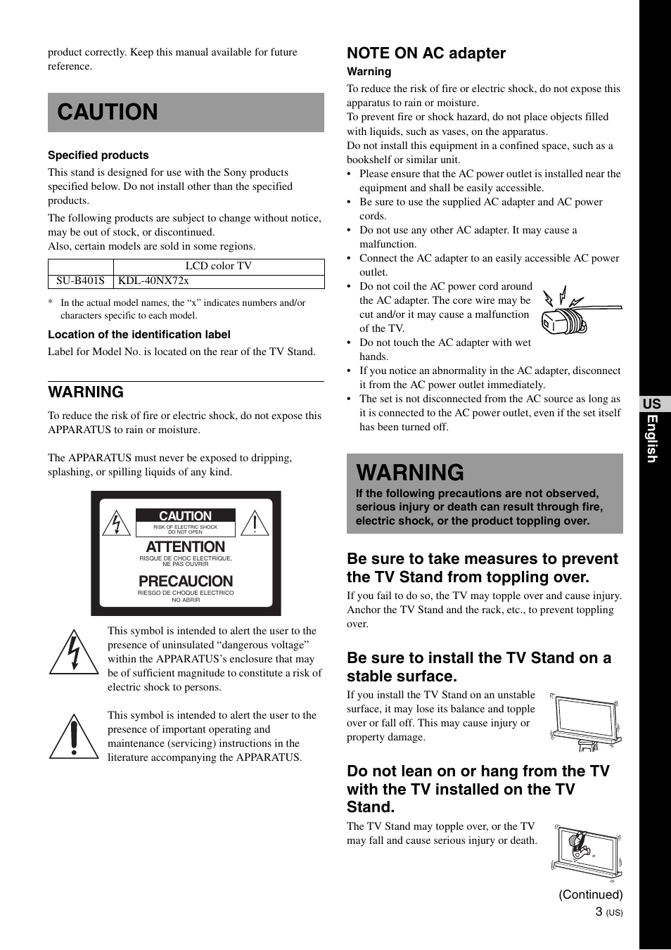 Caution, Warning, Attention | Precaucion | Sony SU-B401S User Manual | Page 3 / 60