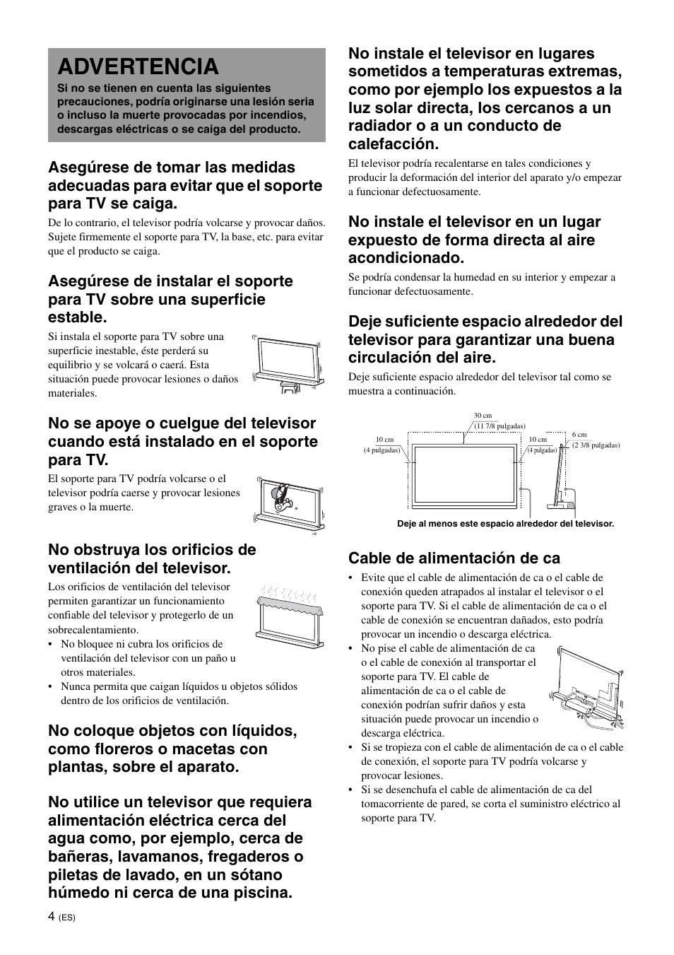 Advertencia, Cable de alimentación de ca | Sony SU-B401S User Manual | Page 30 / 60