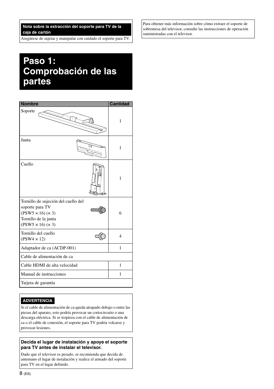 Paso 1: comprobación de las partes | Sony SU-B401S User Manual | Page 34 / 60