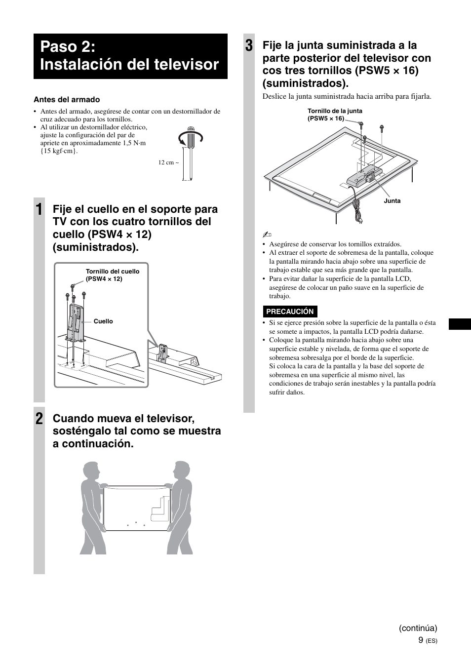 Paso 2: instalación del televisor, Paso 2: instalación del televisor 1 | Sony SU-B401S User Manual | Page 35 / 60