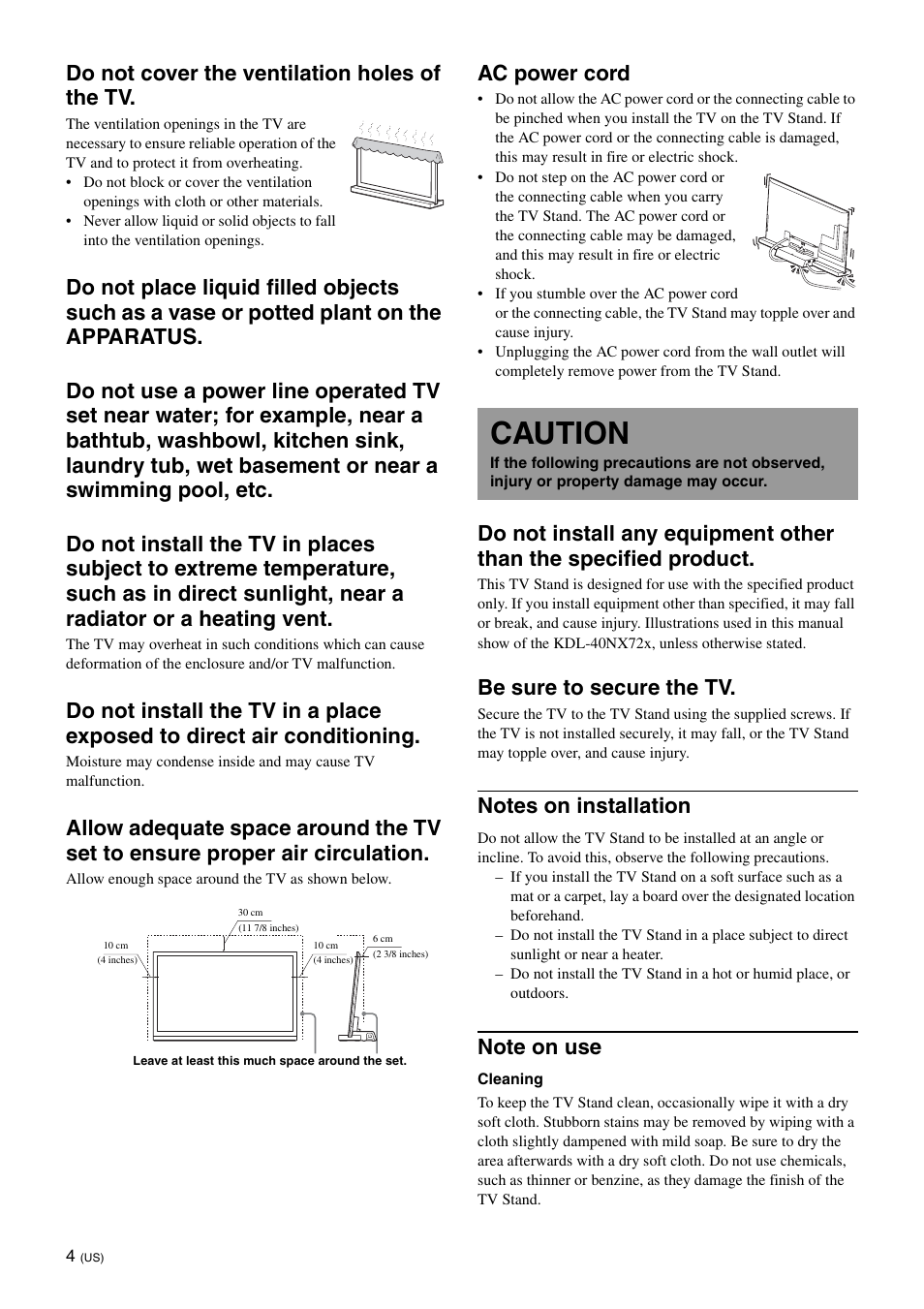 Caution, Do not cover the ventilation holes of the tv, Ac power cord | Be sure to secure the tv | Sony SU-B401S User Manual | Page 4 / 60