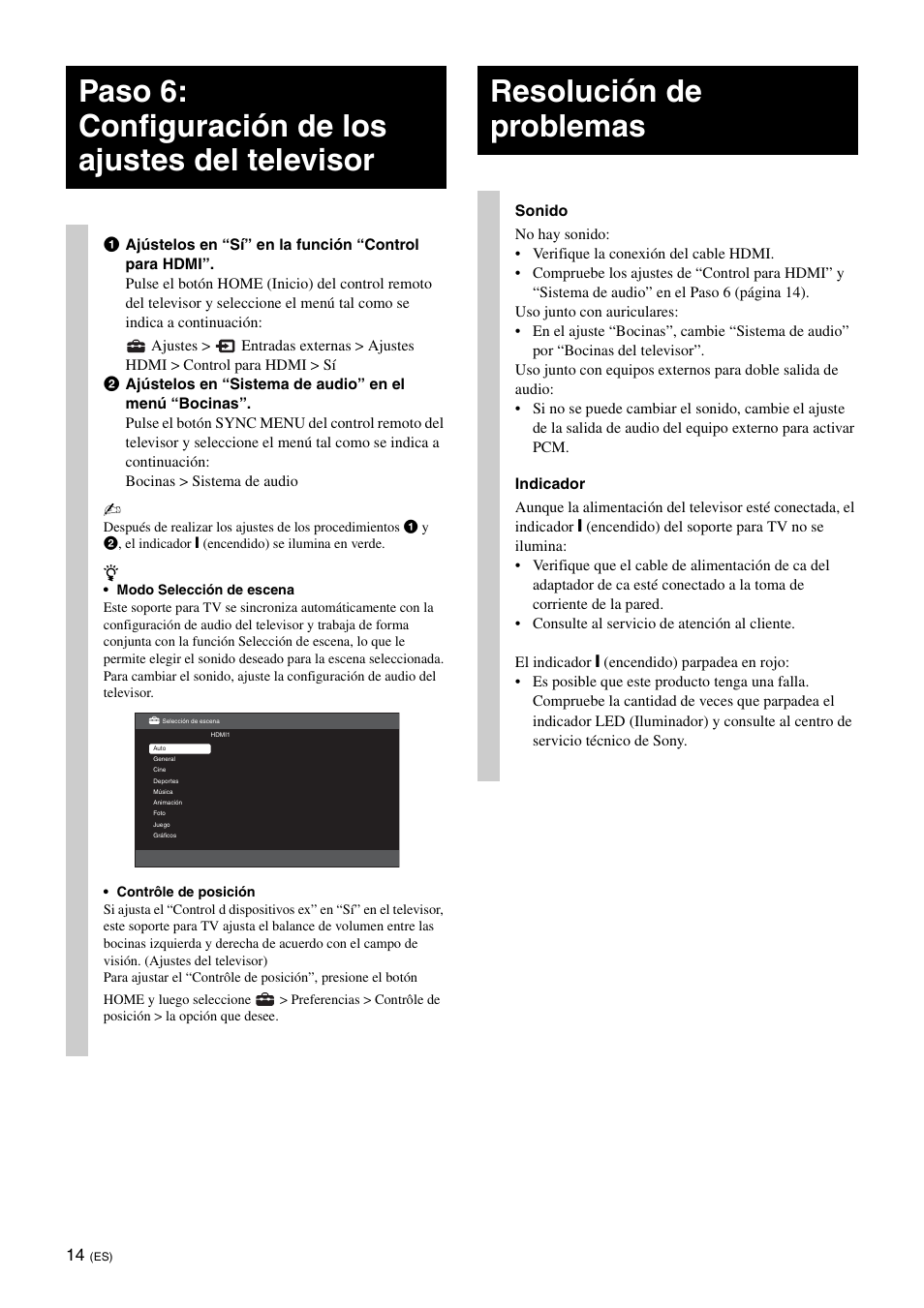 Paso 6: configuración de los ajustes del televisor, Resolución de problemas | Sony SU-B401S User Manual | Page 40 / 60