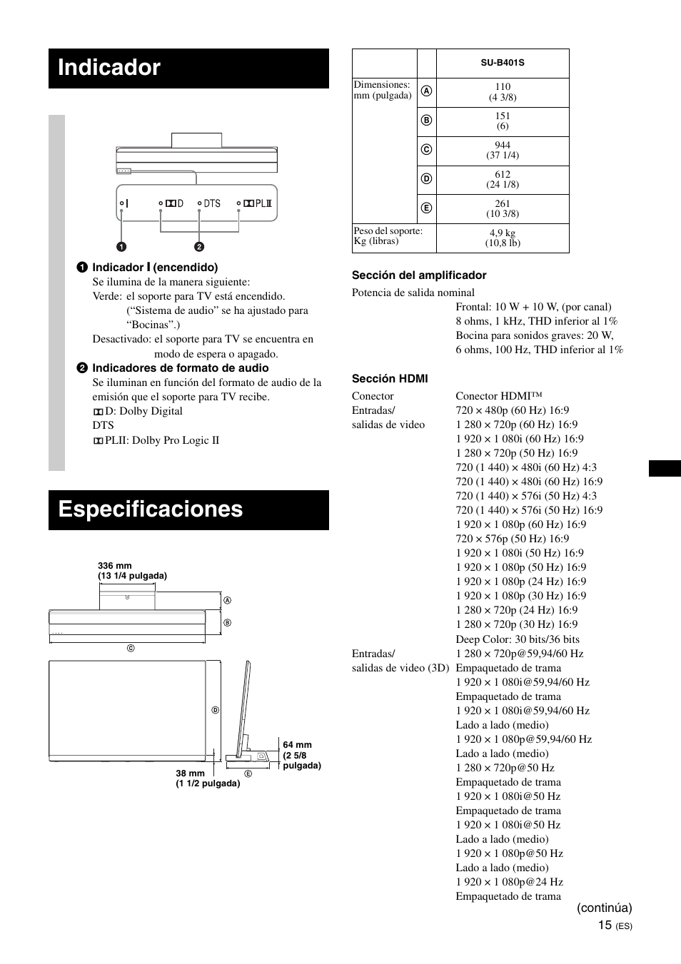 Indicador, Especificaciones | Sony SU-B401S User Manual | Page 41 / 60