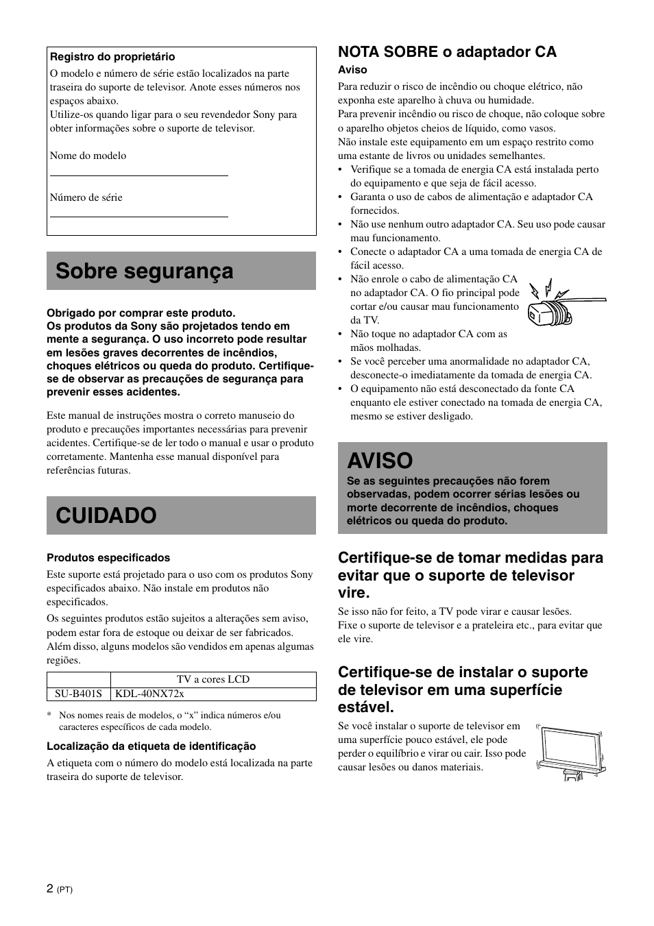 Sobre segurança, Cuidado, Aviso | Sobre segurança cuidado, Nota sobre o adaptador ca | Sony SU-B401S User Manual | Page 44 / 60