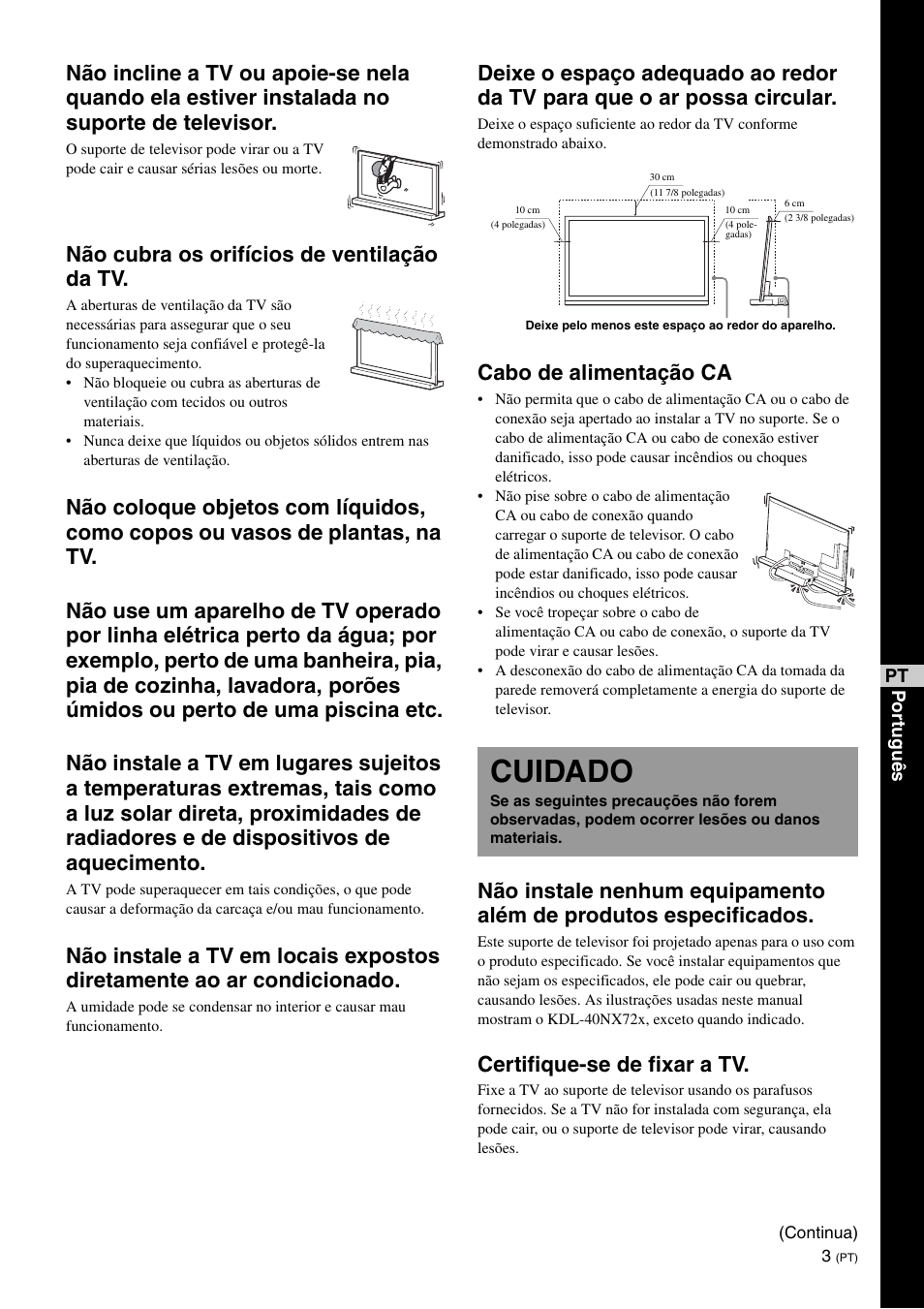 Cuidado, Não cubra os orifícios de ventilação da tv, Cabo de alimentação ca | Certifique-se de fixar a tv | Sony SU-B401S User Manual | Page 45 / 60