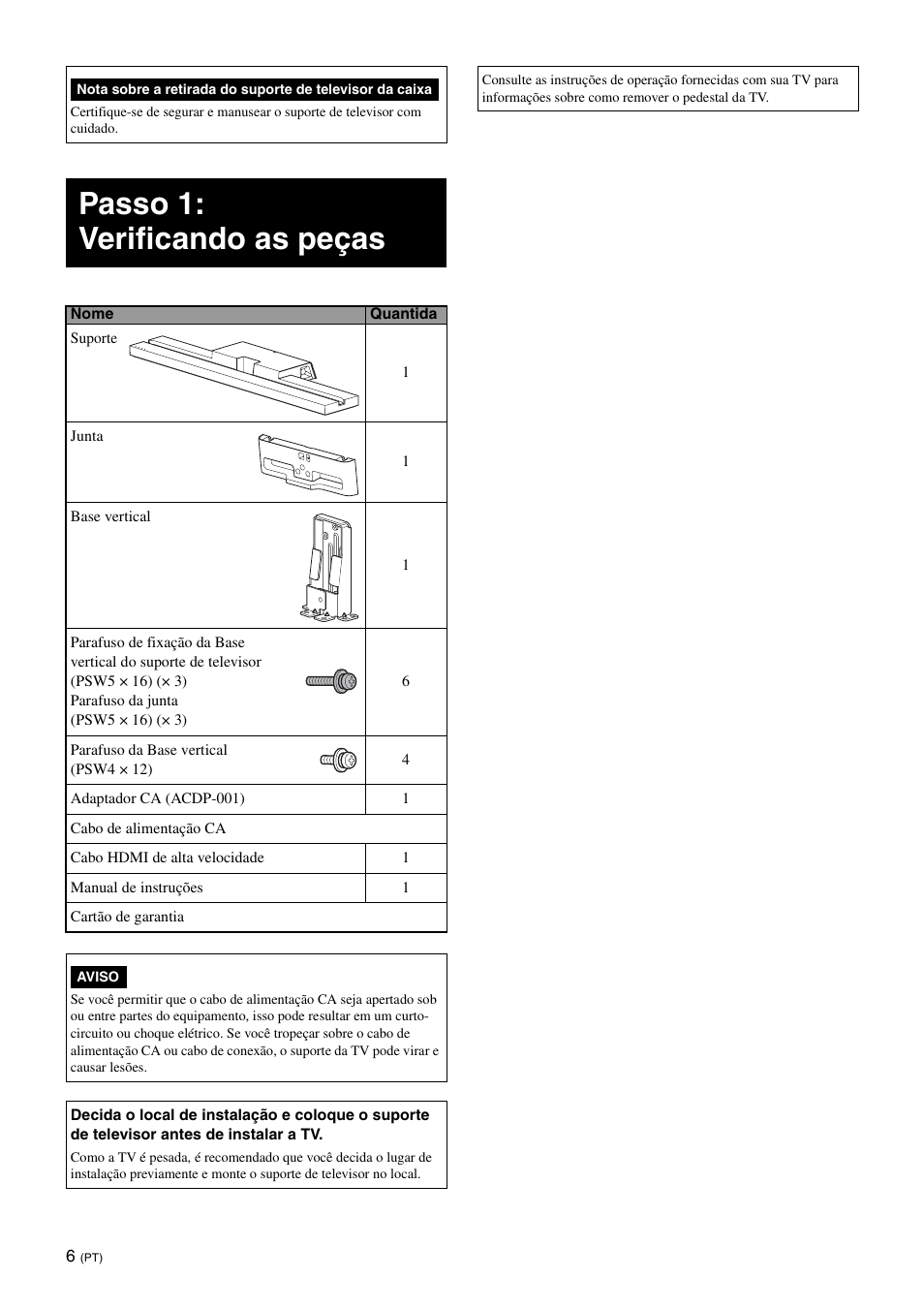 Passo 1: verificando as peças | Sony SU-B401S User Manual | Page 48 / 60