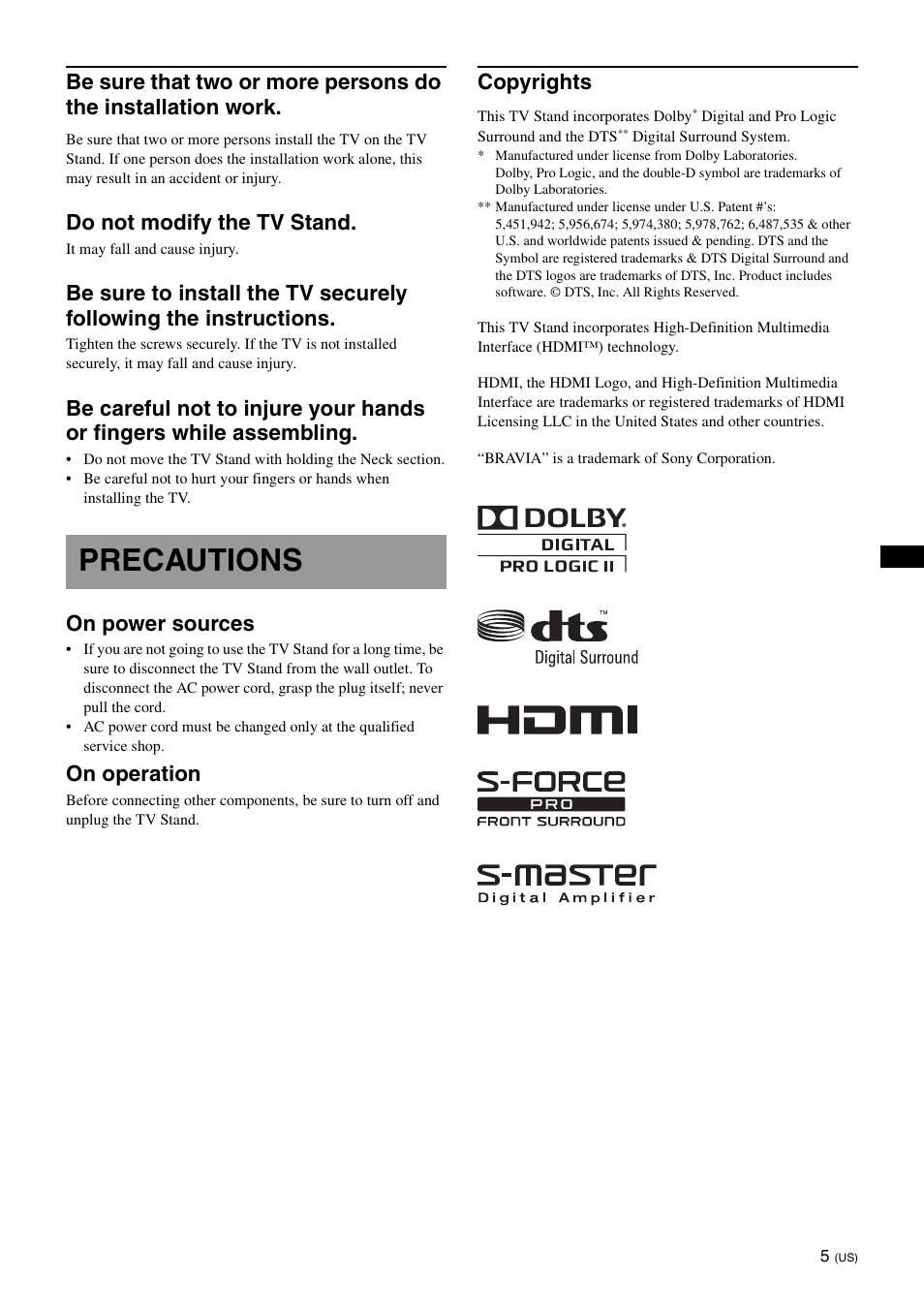 Precautions, Do not modify the tv stand, On power sources | On operation, Copyrights | Sony SU-B401S User Manual | Page 5 / 60