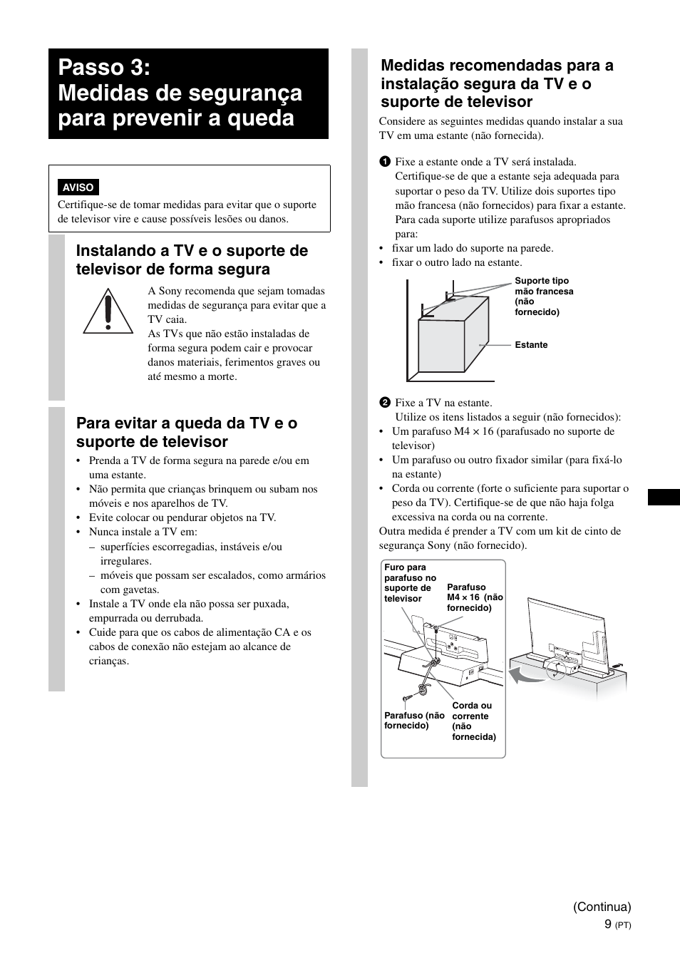 Para evitar a queda da tv e o suporte de televisor | Sony SU-B401S User Manual | Page 51 / 60