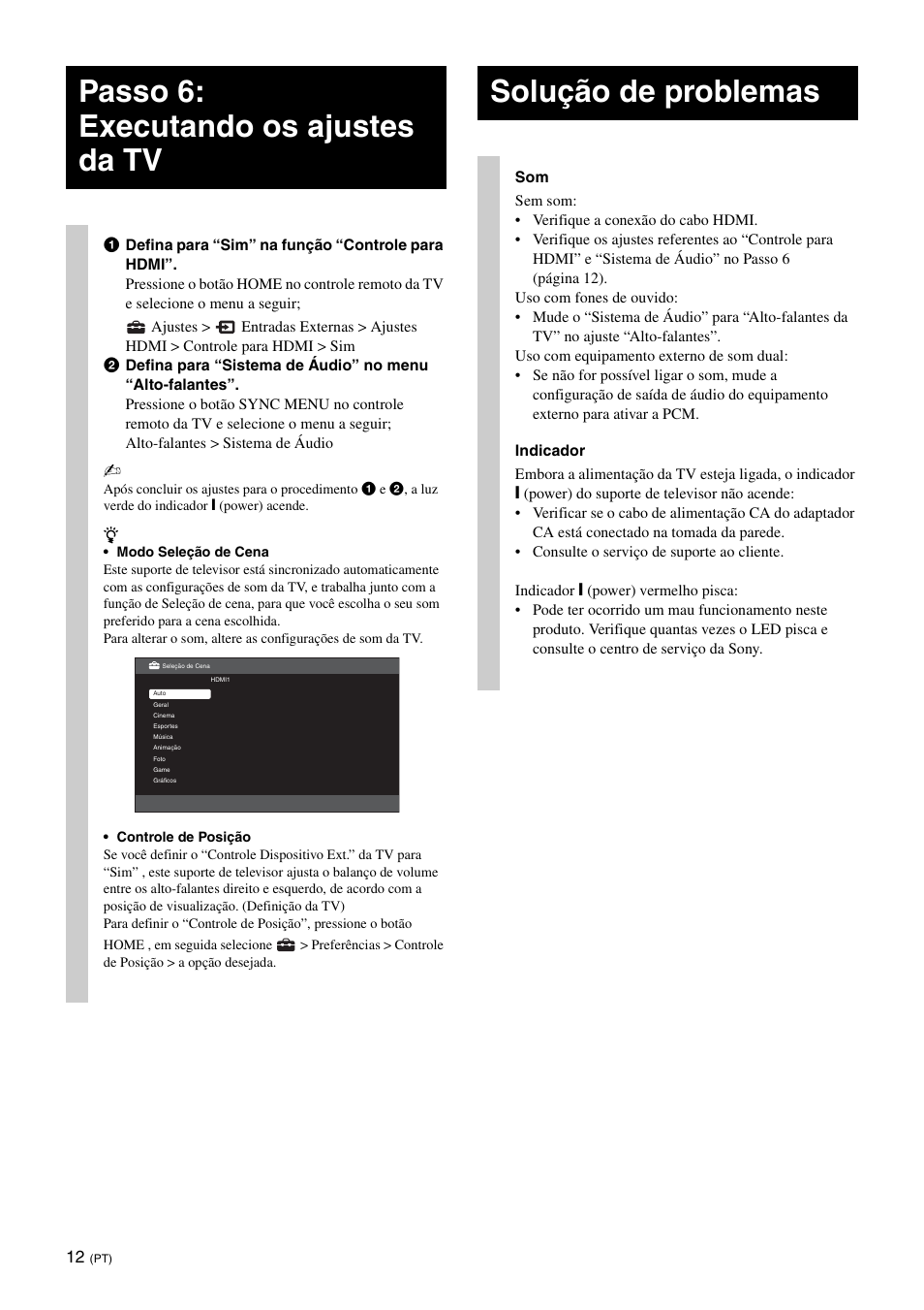 Passo 6: executando os ajustes da tv, Solução de problemas | Sony SU-B401S User Manual | Page 54 / 60