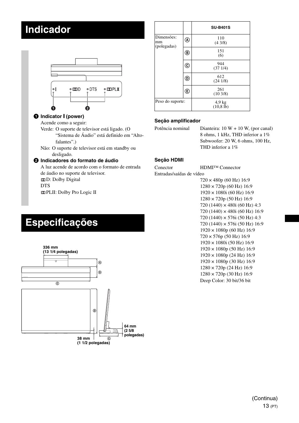 Indicador, Especificações | Sony SU-B401S User Manual | Page 55 / 60