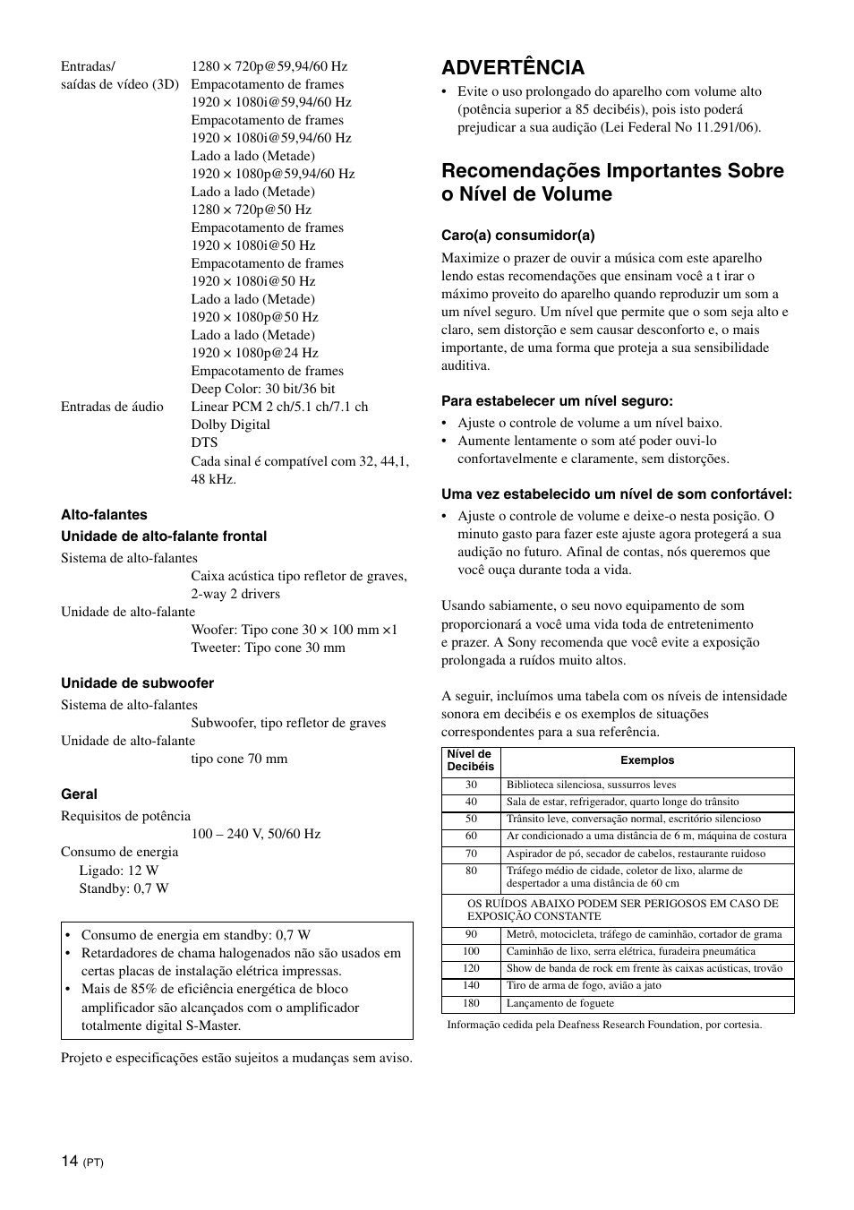 Advertência, Recomendações importantes sobre o nível de volume | Sony SU-B401S User Manual | Page 56 / 60