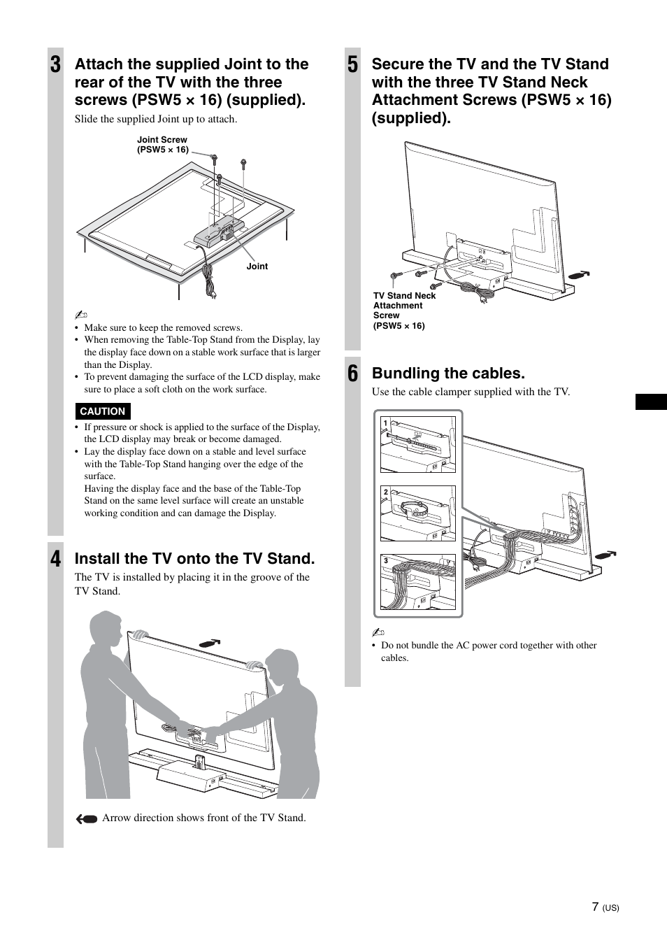 Install the tv onto the tv stand, Bundling the cables | Sony SU-B401S User Manual | Page 7 / 60