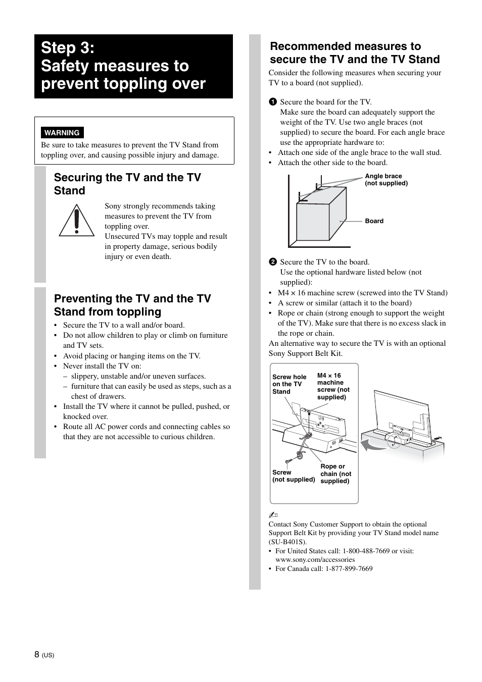 Step 3: safety measures to prevent toppling over, Securing the tv and the tv stand, Preventing the tv and the tv stand from toppling | Sony SU-B401S User Manual | Page 8 / 60