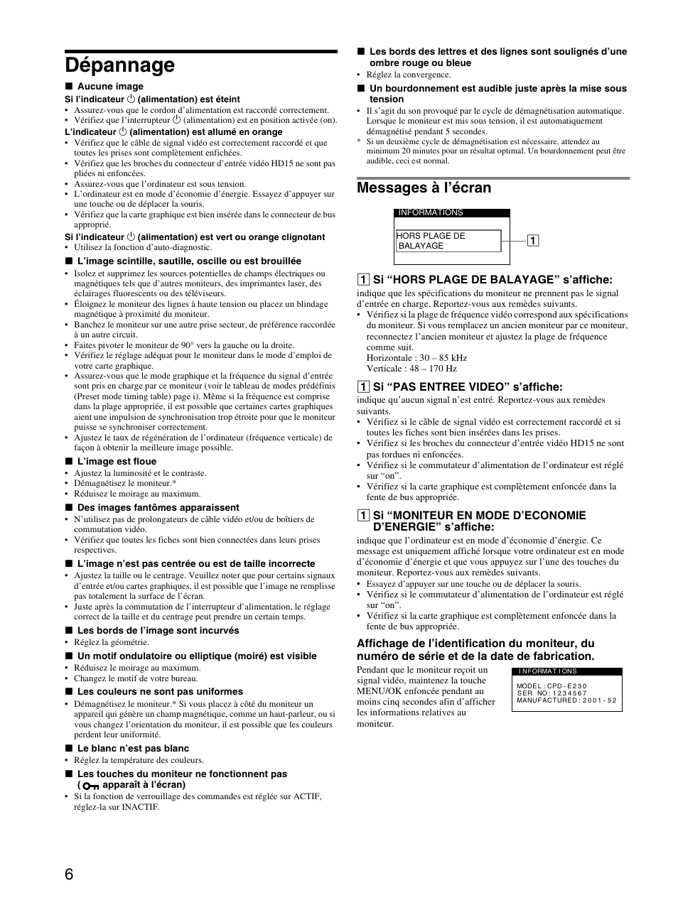 Dépannage, Messages à l’écran | Sony CPD-E230 User Manual | Page 12 / 52