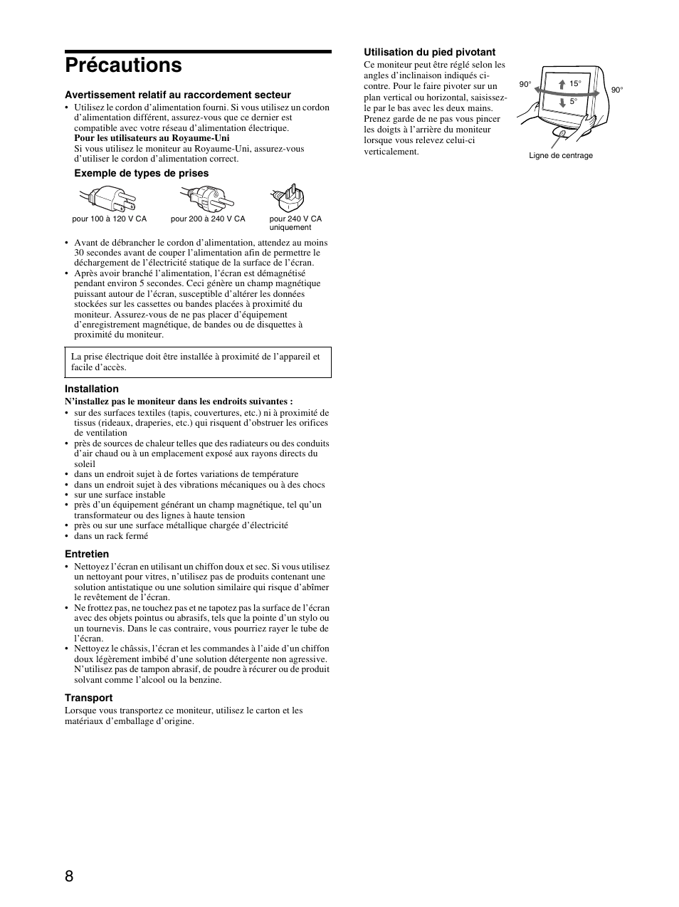 Précautions, Меры предосторожности | Sony CPD-E230 User Manual | Page 14 / 52