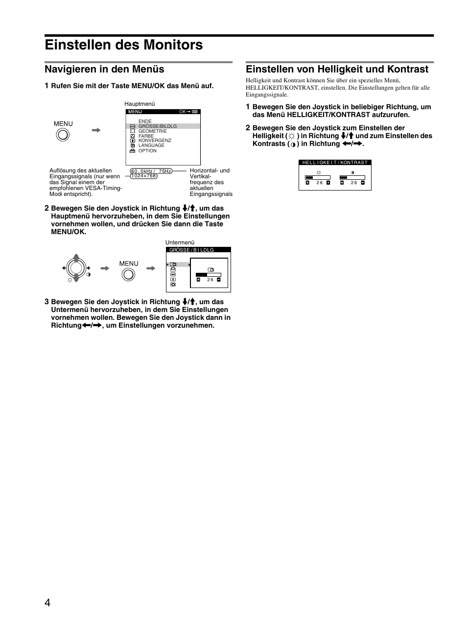 Einstellen des monitors, Navigieren in den menüs, Einstellen von helligkeit und kontrast | Sony CPD-E230 User Manual | Page 16 / 52