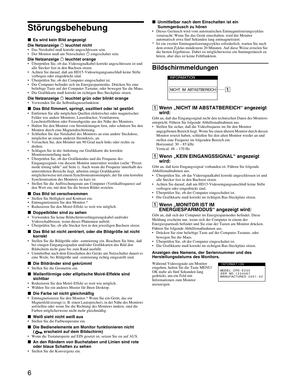 Störungsbehebung, Bildschirmmeldungen | Sony CPD-E230 User Manual | Page 18 / 52