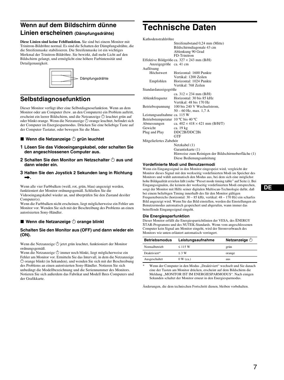 Selbstdiagnosefunktion, Technische daten, Wenn auf dem bildschirm dünne linien erscheinen | Sony CPD-E230 User Manual | Page 19 / 52