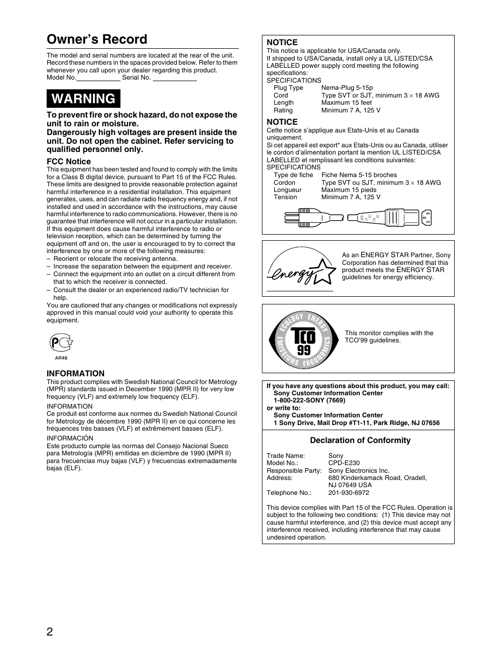 Owner’s record, Warning | Sony CPD-E230 User Manual | Page 2 / 52