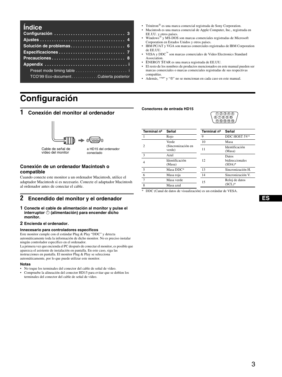 Es.pdf, Configuración, 1 conexión del monitor al ordenador | Índice, Conexión del monitor al ordenador, Encendido del monitor y el ordenador | Sony CPD-E230 User Manual | Page 21 / 52