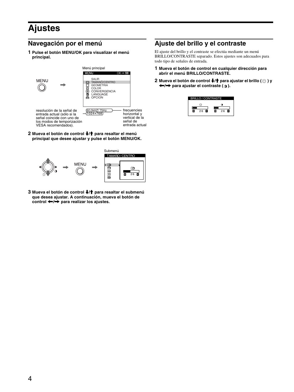 Ajustes, Navegación por el menú, Ajuste del brillo y el contraste | Sony CPD-E230 User Manual | Page 22 / 52