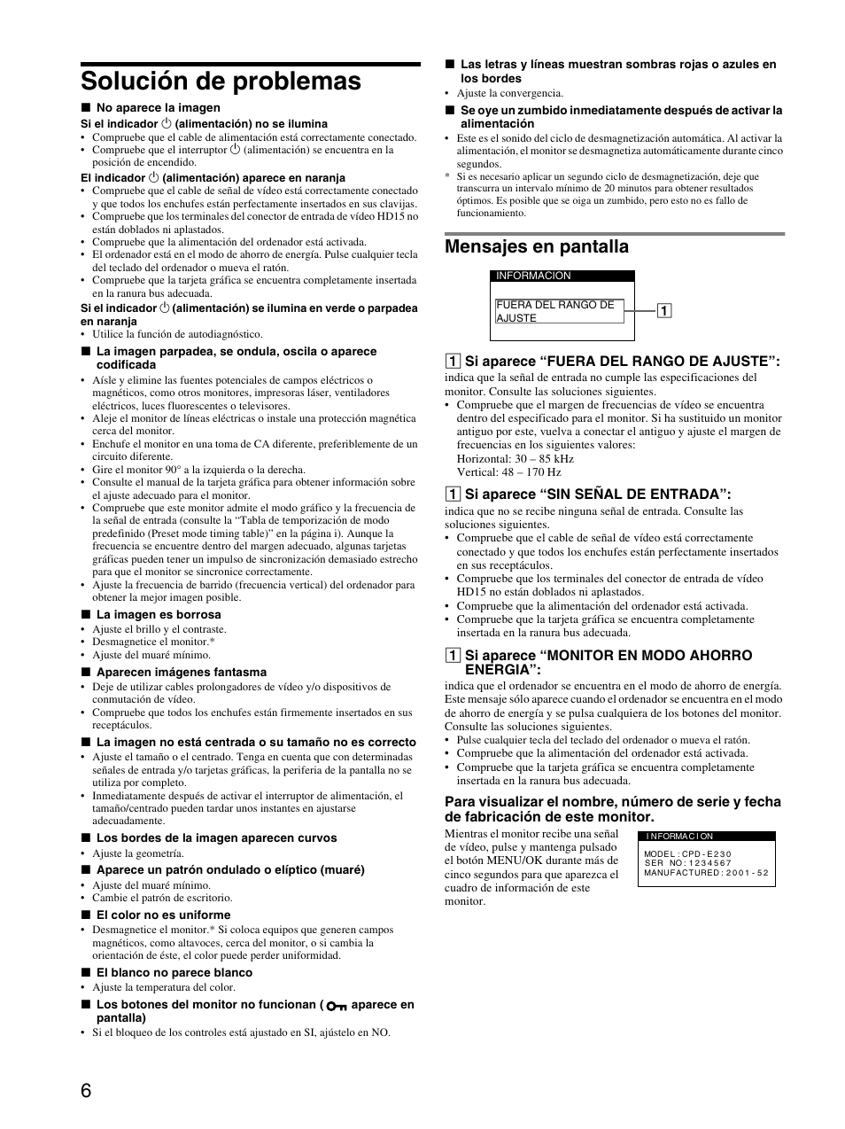 Solución de problemas, Mensajes en pantalla | Sony CPD-E230 User Manual | Page 24 / 52