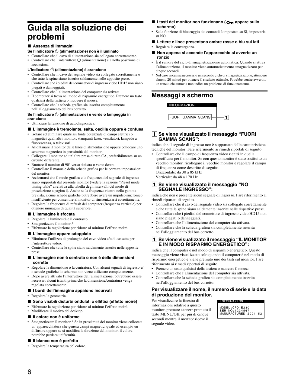 Guida alla soluzione dei problemi, Messaggi a schermo | Sony CPD-E230 User Manual | Page 30 / 52