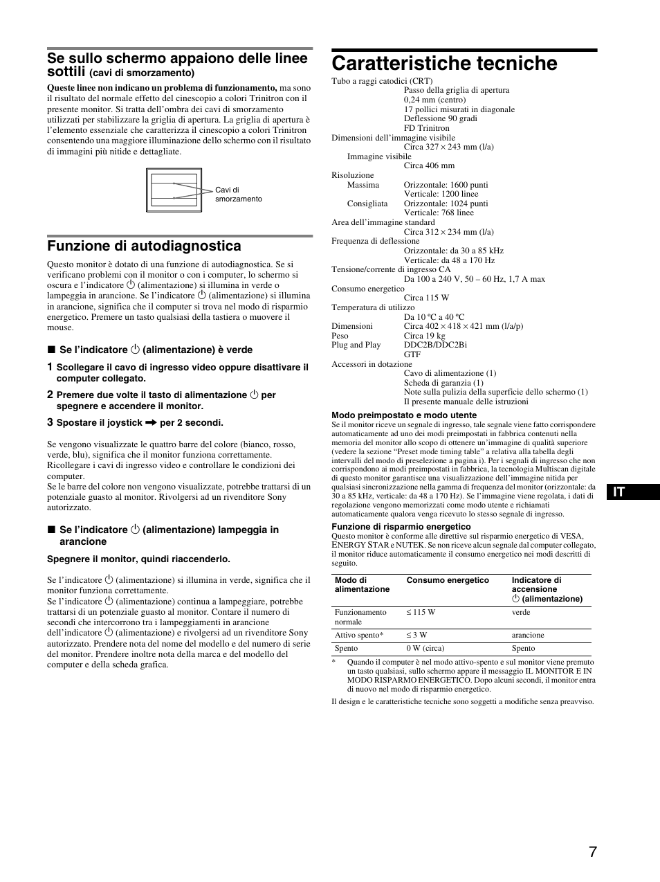 Funzione di autodiagnostica, Caratteristiche tecniche, Se sullo schermo appaiono delle linee sottili | Sony CPD-E230 User Manual | Page 31 / 52