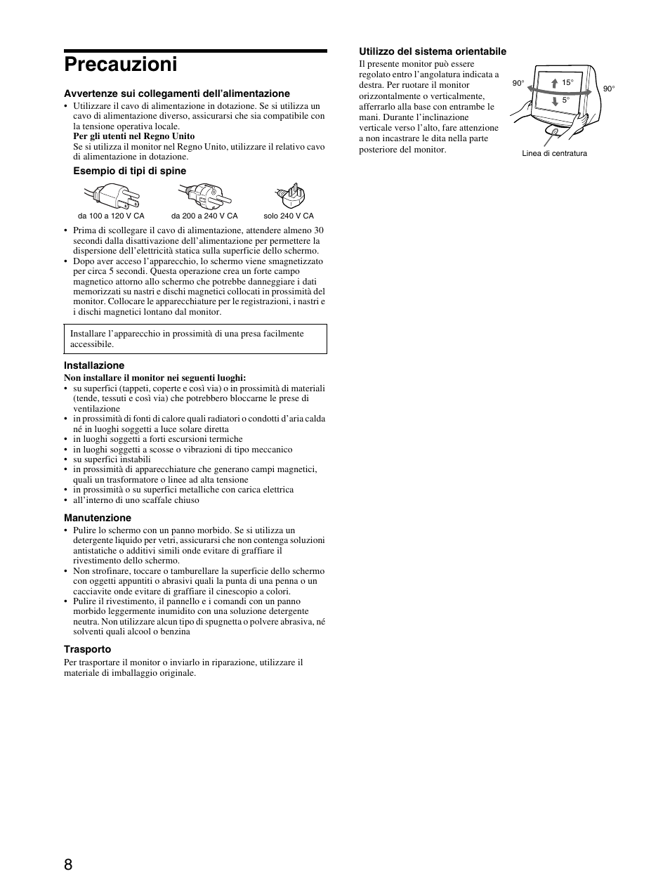 Precauzioni | Sony CPD-E230 User Manual | Page 32 / 52