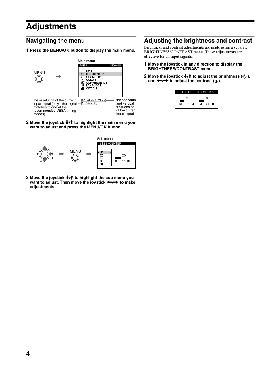 Adjustments, Navigating the menu, Adjusting the brightness and contrast | Sony CPD-E230 User Manual | Page 4 / 52