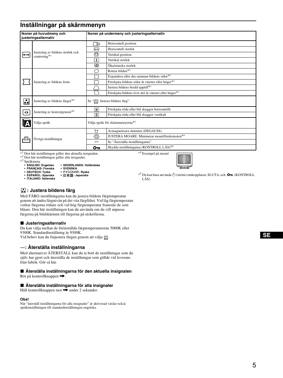 Inställningar på skärmmenyn, Justera bildens färg, Återställa inställningarna | Sony CPD-E230 User Manual | Page 41 / 52