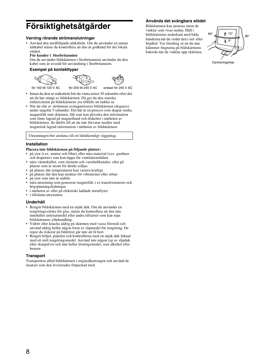 Försiktighetsåtgärder | Sony CPD-E230 User Manual | Page 44 / 52