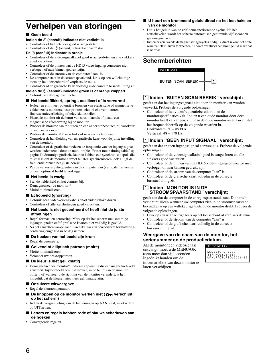 Verhelpen van storingen, Schermberichten | Sony CPD-E230 User Manual | Page 48 / 52