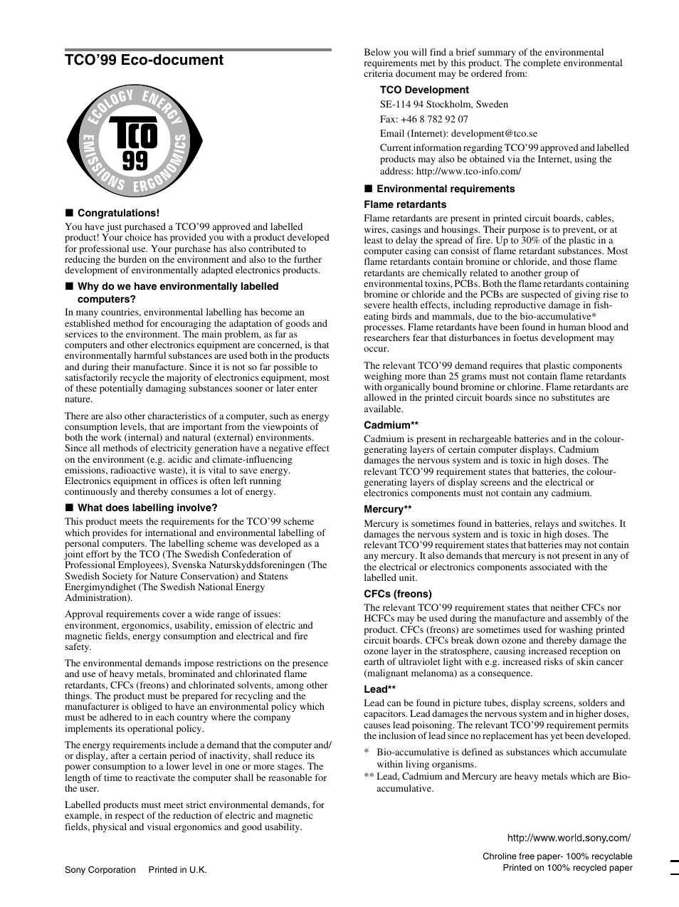 Tco’99 eco-document | Sony CPD-E230 User Manual | Page 52 / 52