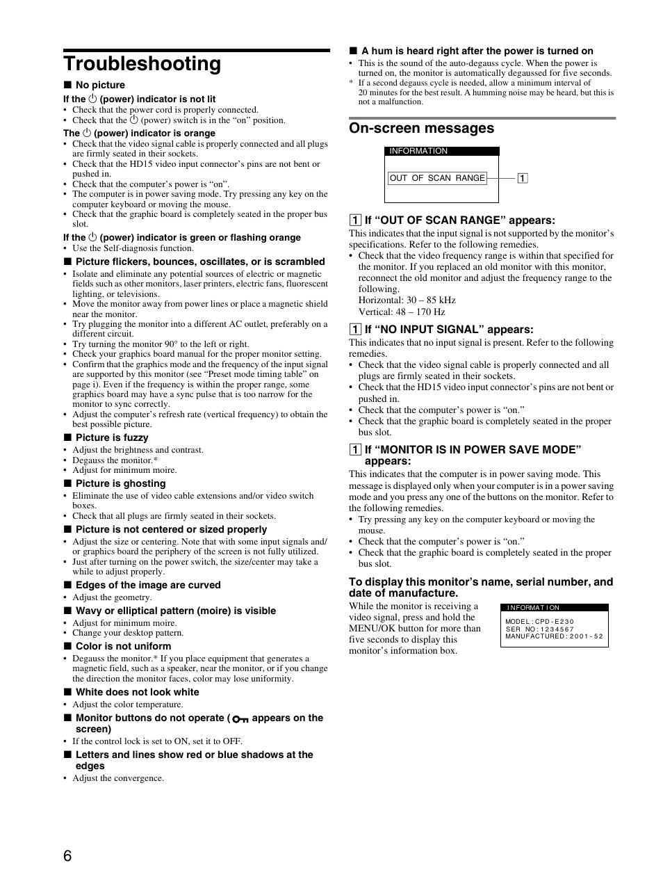 Troubleshooting, On-screen messages | Sony CPD-E230 User Manual | Page 6 / 52