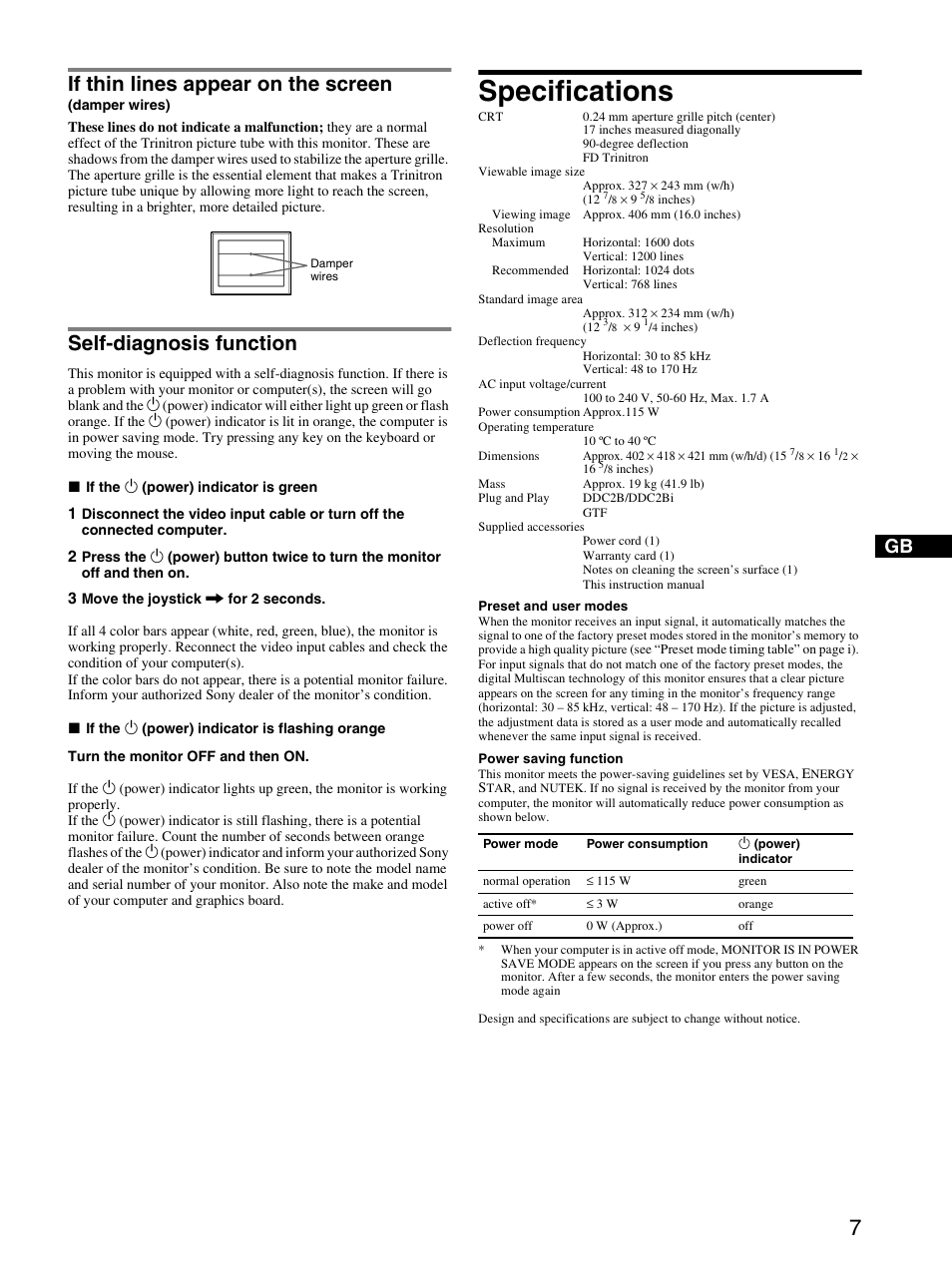 If thin lines appear on the screen (damperwires), Self-diagnosis function, Specifications | If thin lines appear on the screen | Sony CPD-E230 User Manual | Page 7 / 52