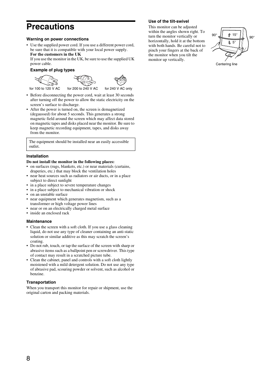 Precautions | Sony CPD-E230 User Manual | Page 8 / 52