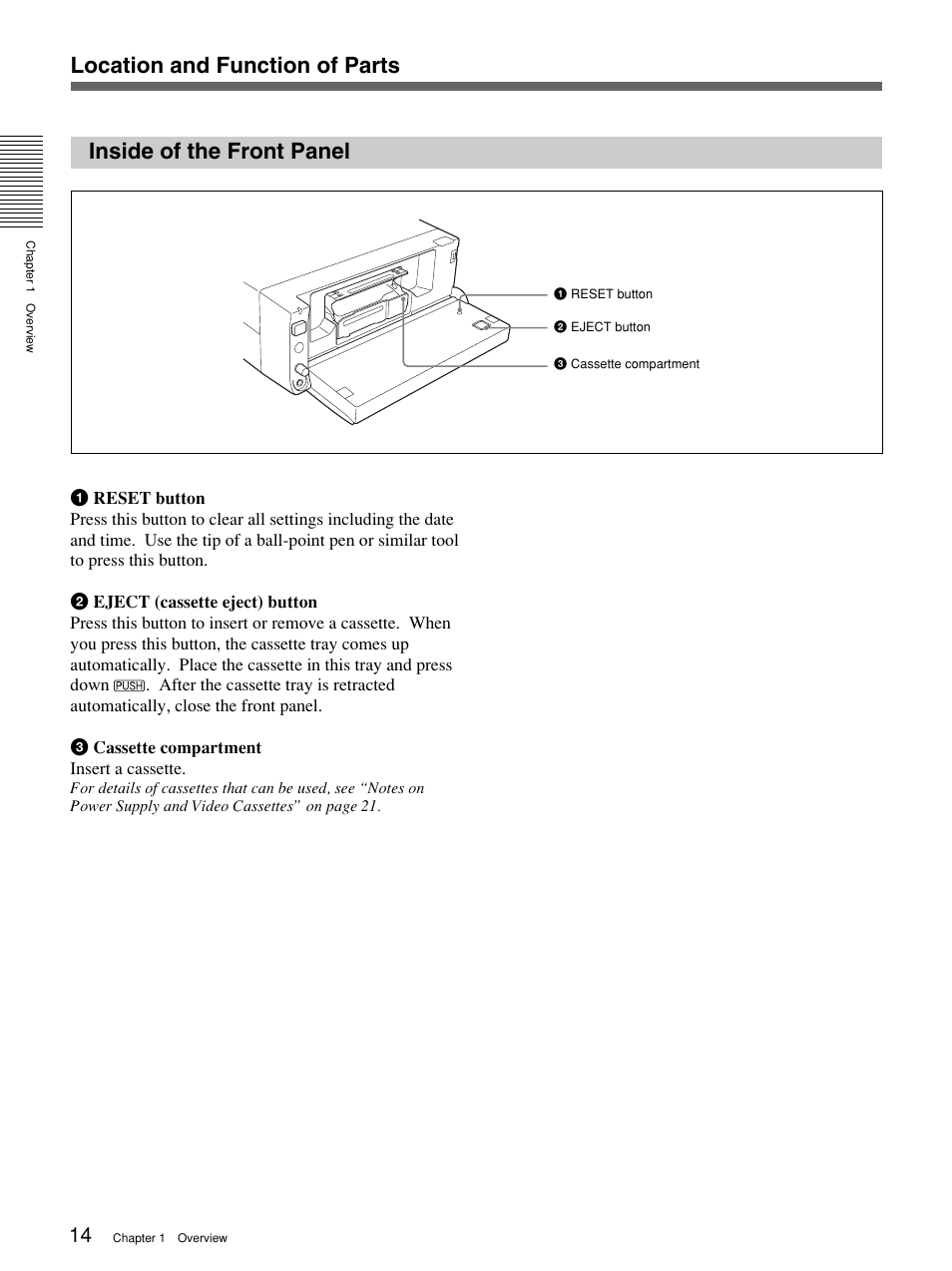 Inside of the front panel, Location and function of parts | Sony 1080i User Manual | Page 14 / 76