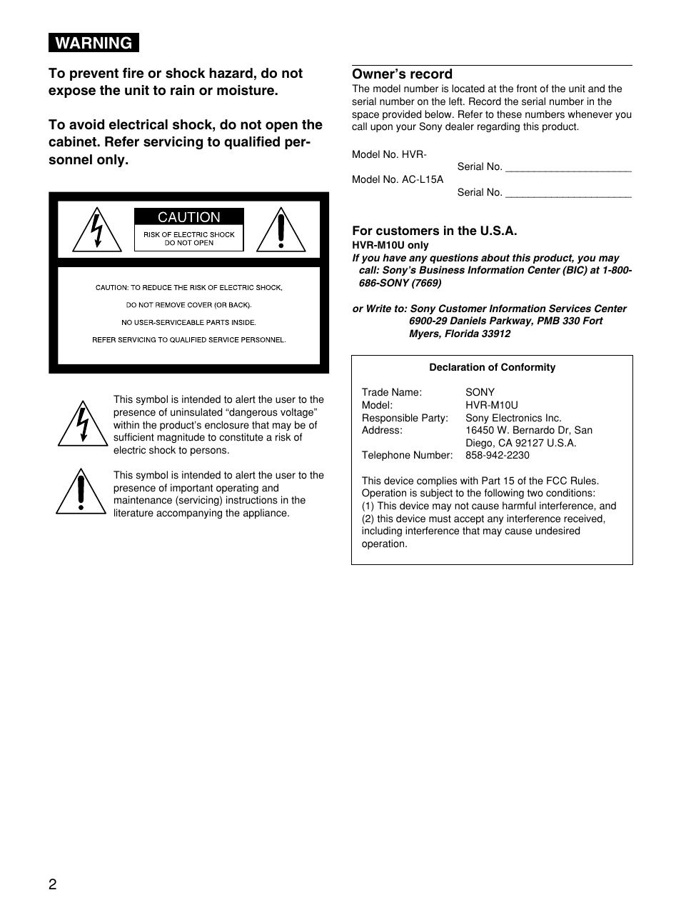 Warning, Owner’s record | Sony 1080i User Manual | Page 2 / 76