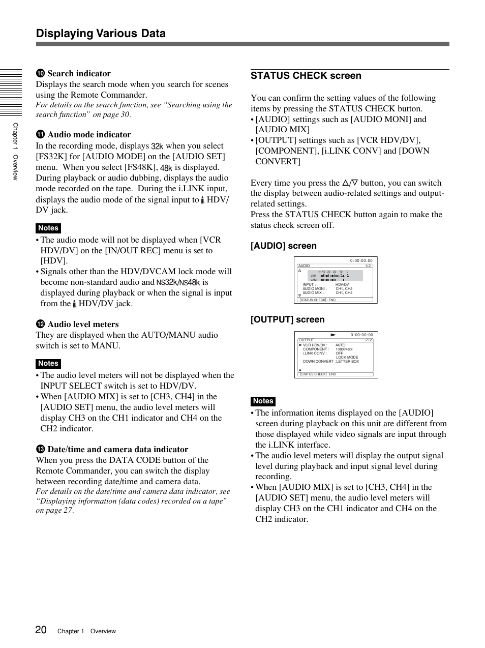 Displaying various data, Status check screen | Sony 1080i User Manual | Page 20 / 76