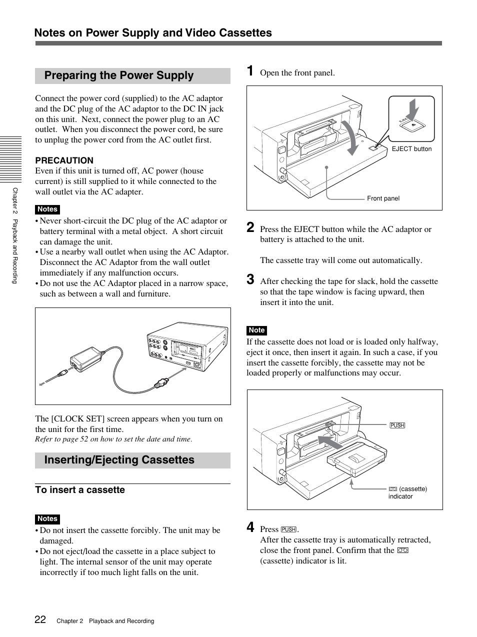 Preparing the power supply, Inserting/ejecting cassettes | Sony 1080i User Manual | Page 22 / 76